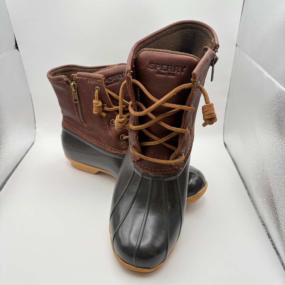 Sperry Women 8 Saltwater Duck Boots Brown Black Leather Rubber Waterproof Ankle